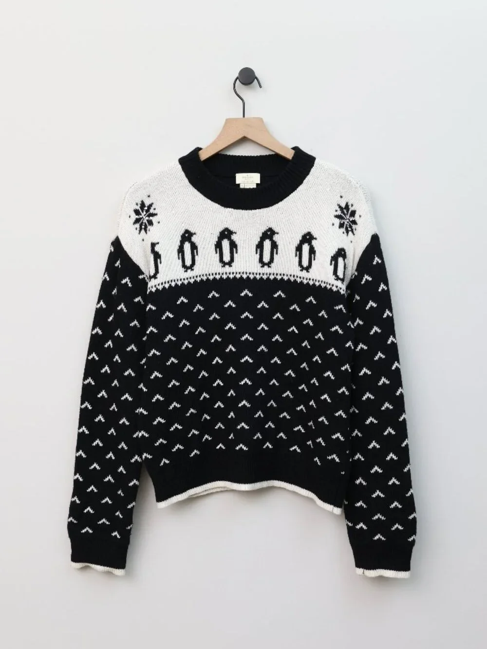 Kate Spade Penguin Intarsia Wool Blend Sweater White Black Large NJMU3093